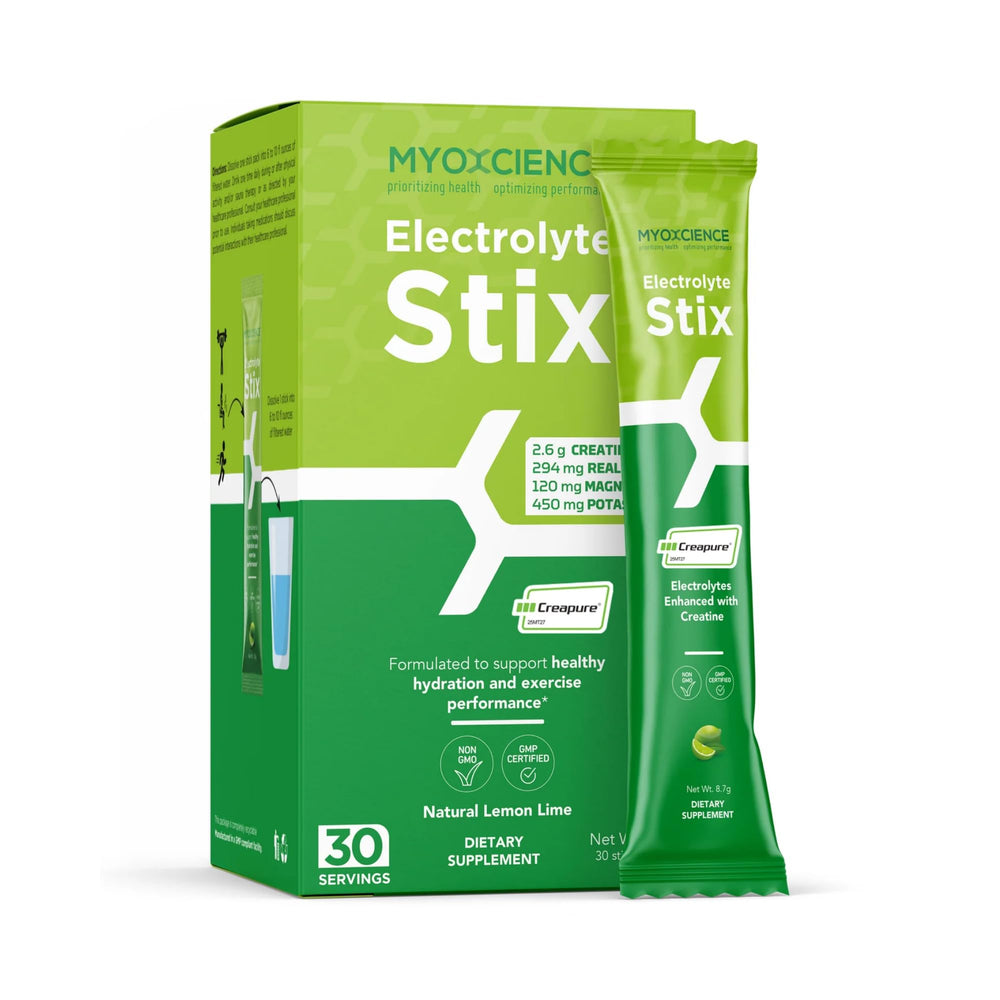 MYOXCIENCE Electrolyte STIX bottle with lemon-lime flavor for refreshing hydration during workouts.