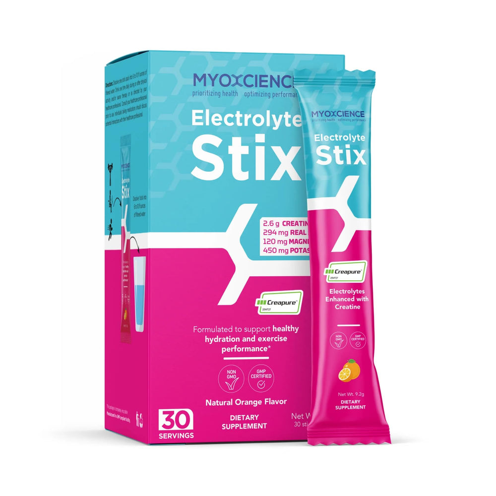 MYOXCIENCE Electrolyte STIX open stick pack for on-the-go hydration.