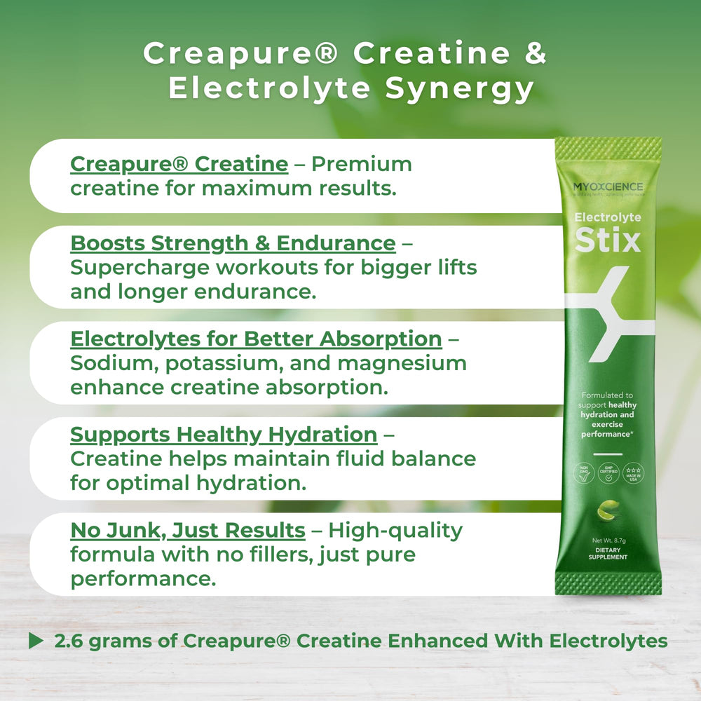 MYOXCIENCE Electrolyte STIX powder form on scoop indicates precise workout dosing.