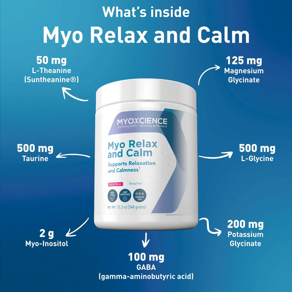 MYOXCIENCE Myo Relax berry flavor badge suggests pleasant taste.