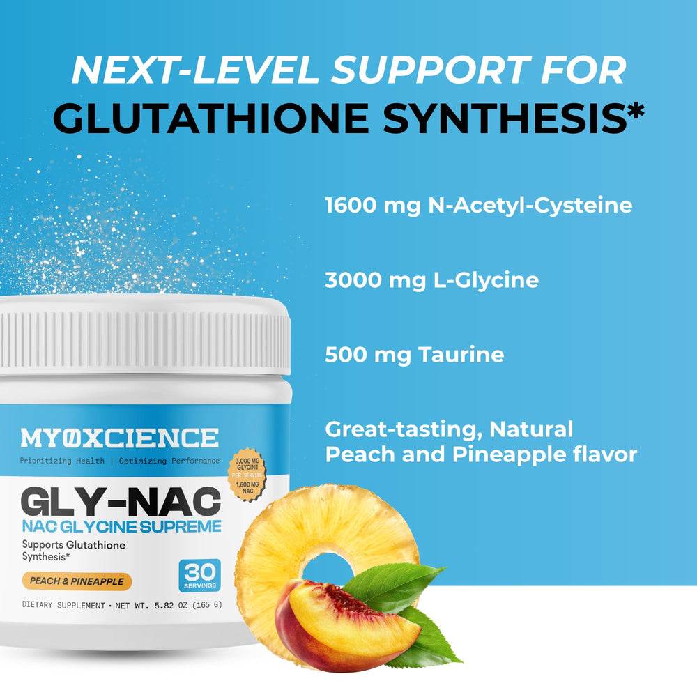 MYOXCIENCE mixed drink in glass, peach pineapple flavored and refreshing