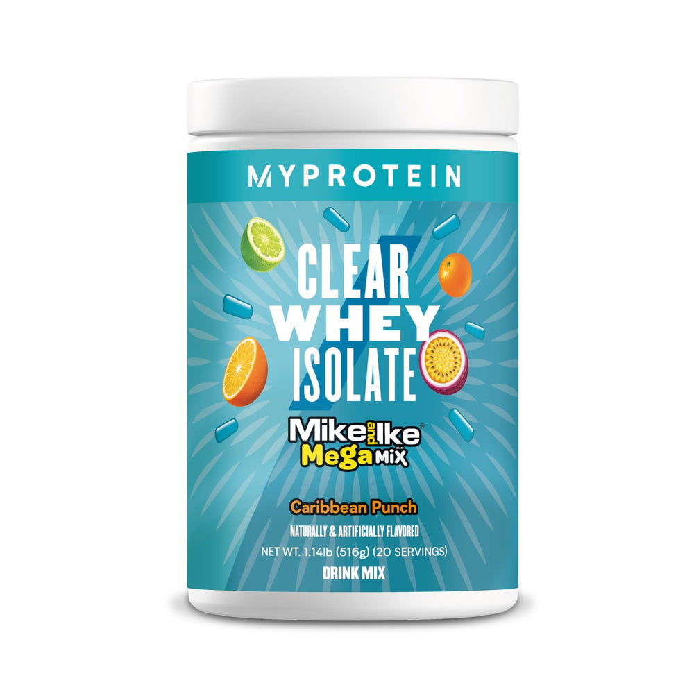 Myprotein Clear Whey Isolate Caribbean Punch bottle shows a fruity protein for workouts.