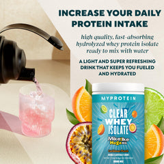 Myprotein Clear Whey Isolate shaker with mix shows easy prep.