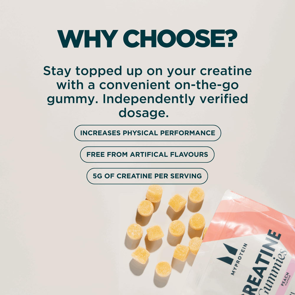 Myprotein Creatine Gummies raspberry pack highlighting travel-friendly design.