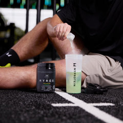 Myprotein HYROX Electro canister lemon lime highlights crisp flavor boosting taste during workouts.