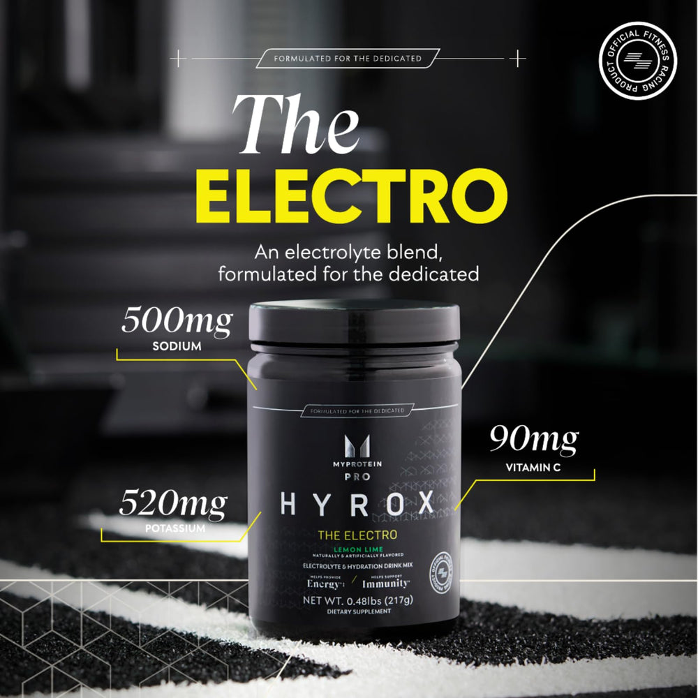 Myprotein HYROX Electro scoop dissolve illustrating fast hydration mix for training sessions.