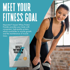Myprotein Impact Whey Salted Caramel bag shows a large 5.5 lb supply.