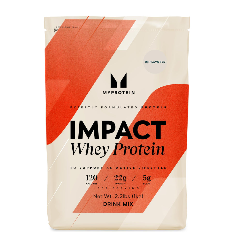 Myprotein Impact Whey unflavored bag closeup for versatile meals and shakes that support recovery.