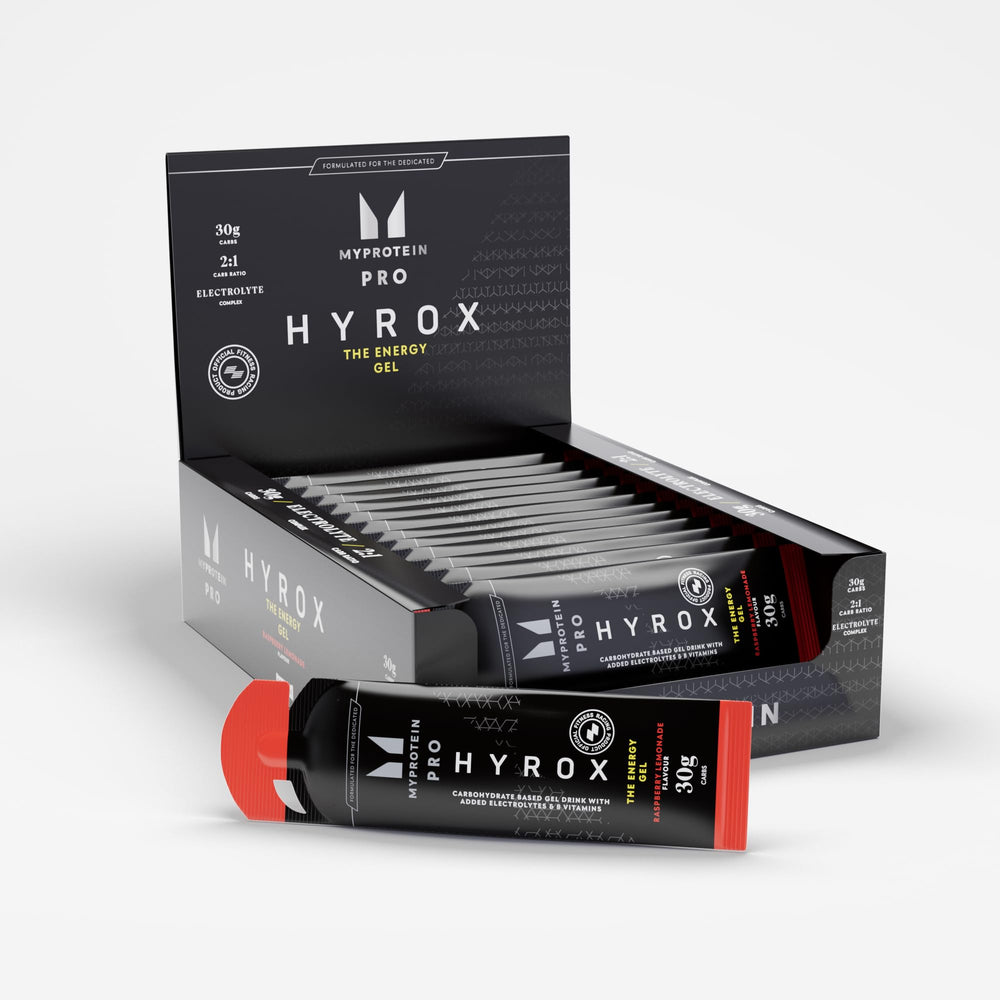 Myprotein Pro X HYROX Energy Gel pack-front with raspberry-lemonade flavor for endurance fueling.
