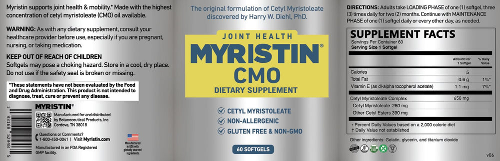 Myristin CMO softgels close-up highlighting high-concentration formula for joint comfort.