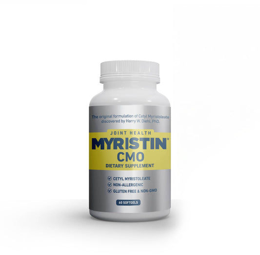 Myristin joint support softgels bottle with 60-count capsules for daily mobility.
