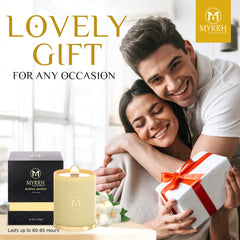 Myrrh Bliss Arabian Jasmine candle 80-hour burn indicator on label.