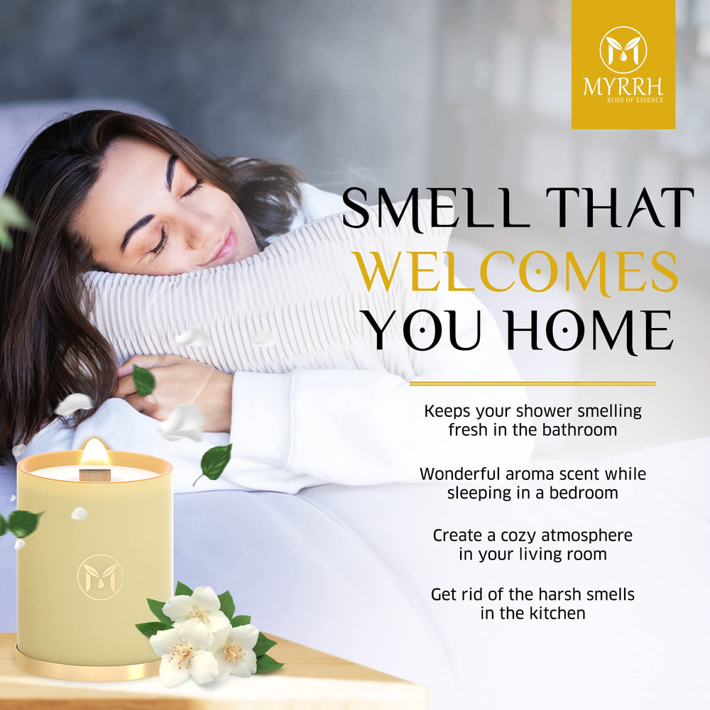 Myrrh Bliss candle in bathroom spa ambiance.