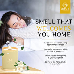 Myrrh Bliss candle in bathroom spa ambiance.