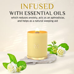 Myrrh Bliss candle crackling wooden wick for cozy fireside ambience.