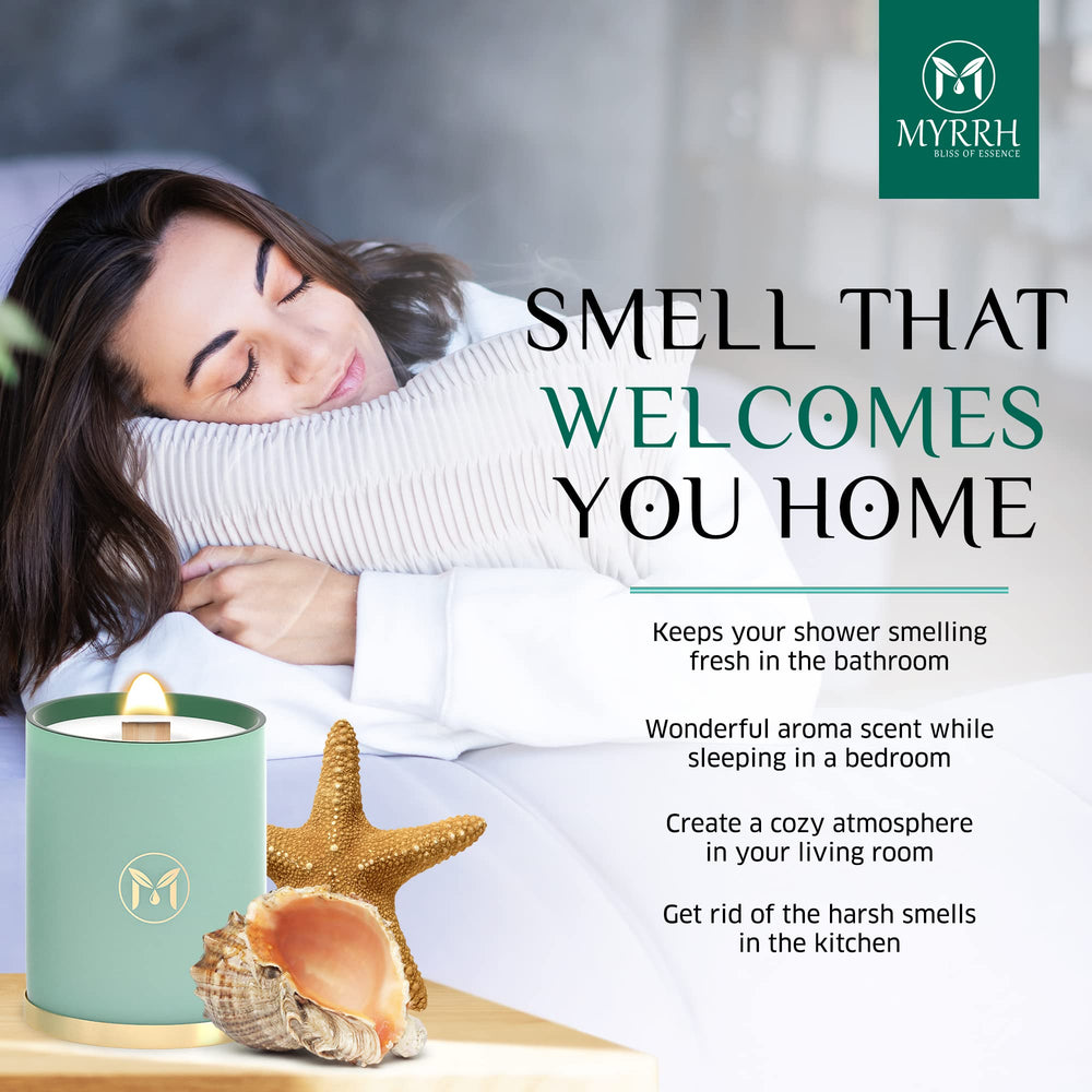 Myrrh Bliss Ocean Breeze candle room-scent in living area.