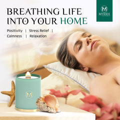 Myrrh Bliss Ocean Breeze candle close-up wax texture for premium feel.