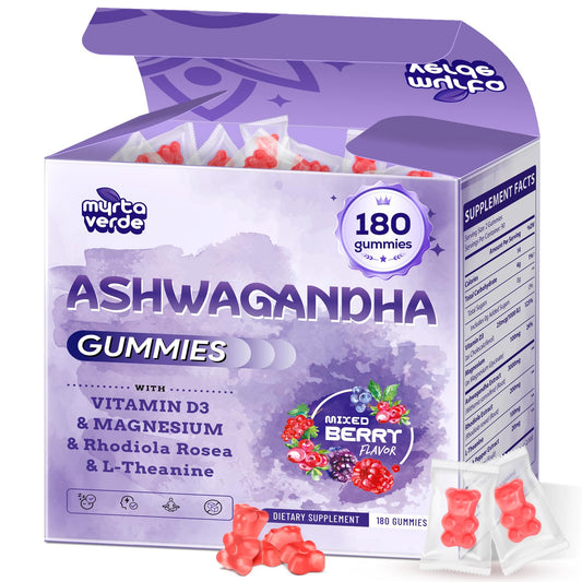 Myrtaverde Ashwagandha Gummies bottle front for daily stress resilience
