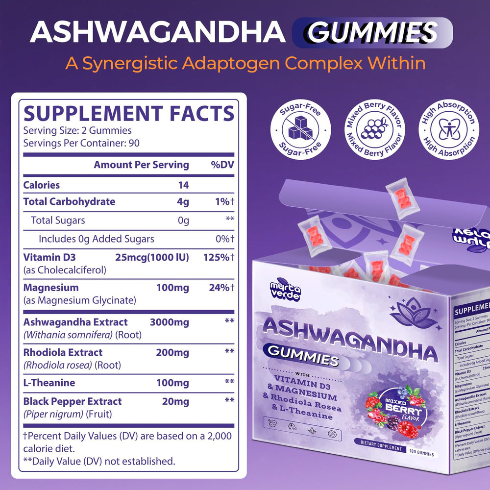 Myrtaverde Ashwagandha Gummies on a store shelf with berry flavor