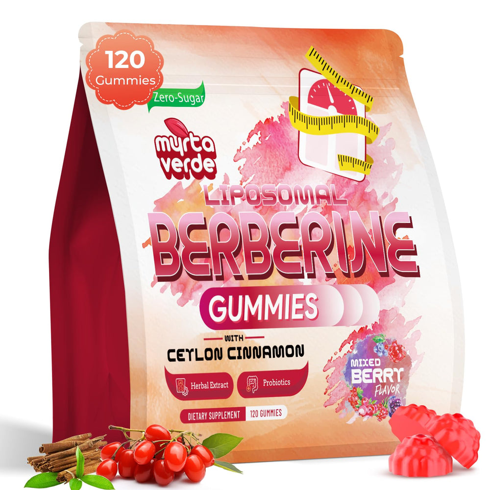 Myrtaverde Berberine gummies bottle showcases high-potency 2000mg formula for daily balance.