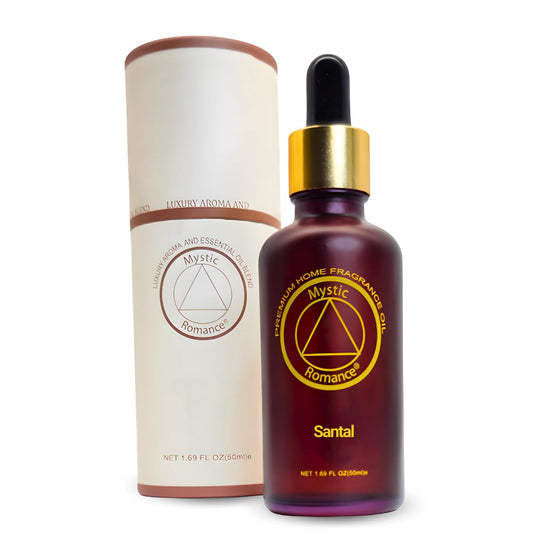 Mystic Romance Santal Premium diffuser oil bottle for an elegant, refreshing living space aroma.