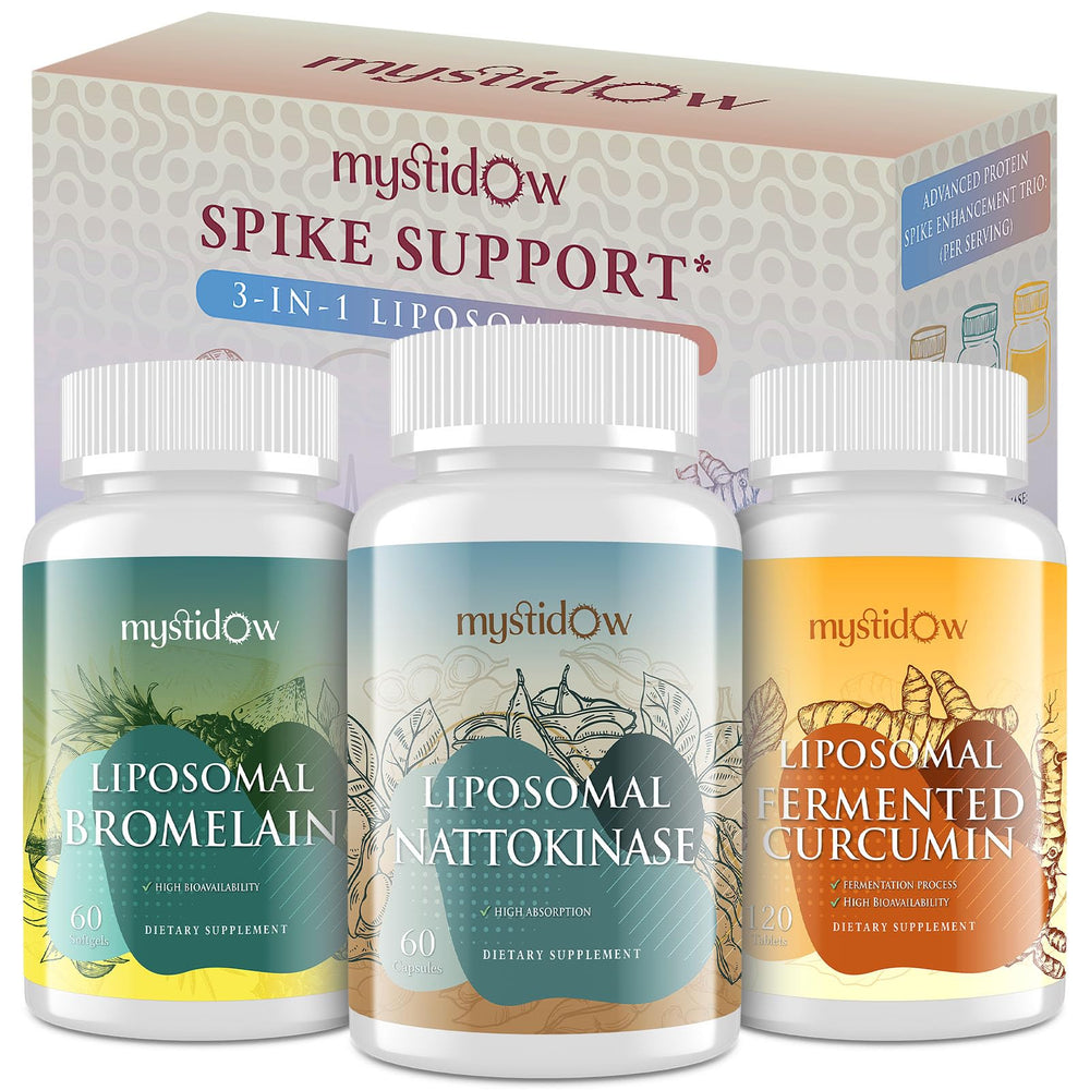 Mystidow Spike Support Trio bottle front view highlighting compact packaging for daily use.