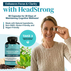 MyUnMess HeadStrong bottle beside a glass of water for daily use.