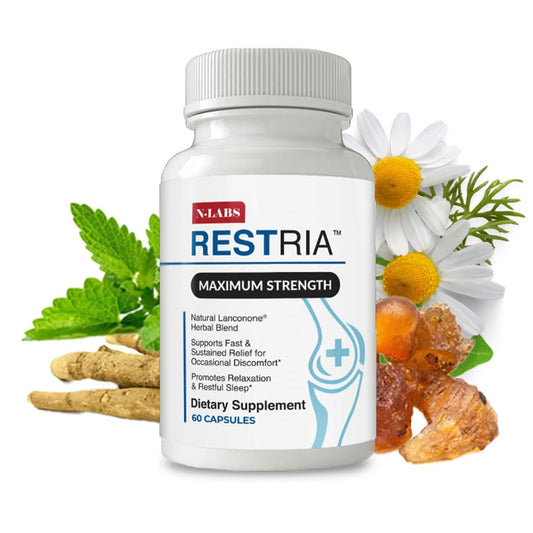 N-Labs Restria nighttime bottle on a nightstand supports a calm, restorative routine.