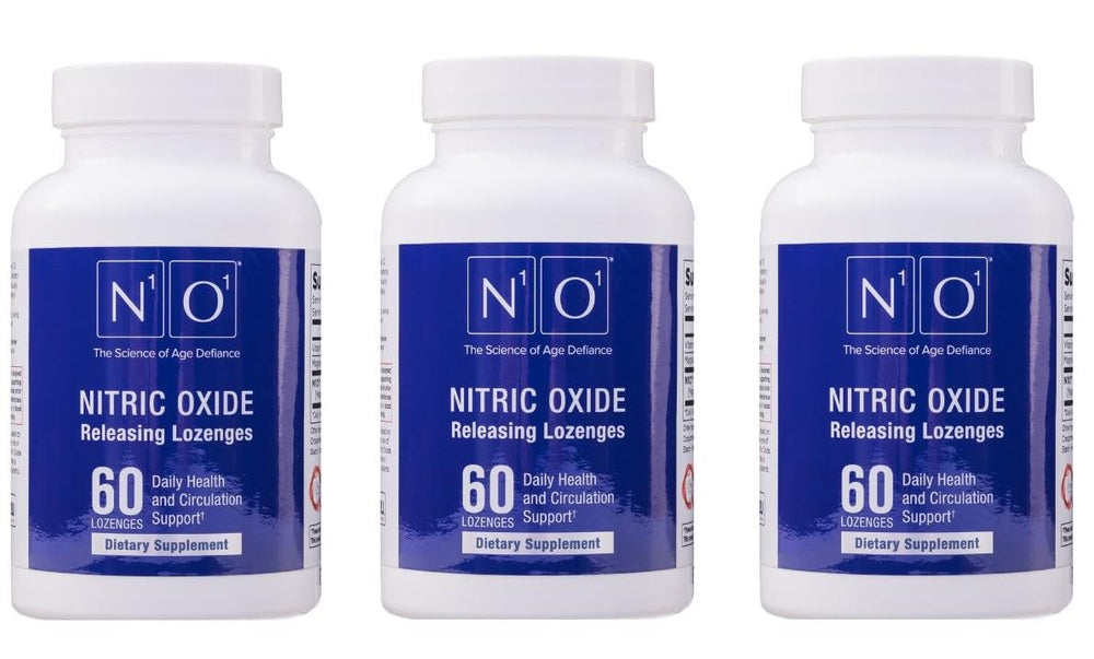 N1O1 nitric oxide lozenge pack on countertop suggesting circulation support possibilities.