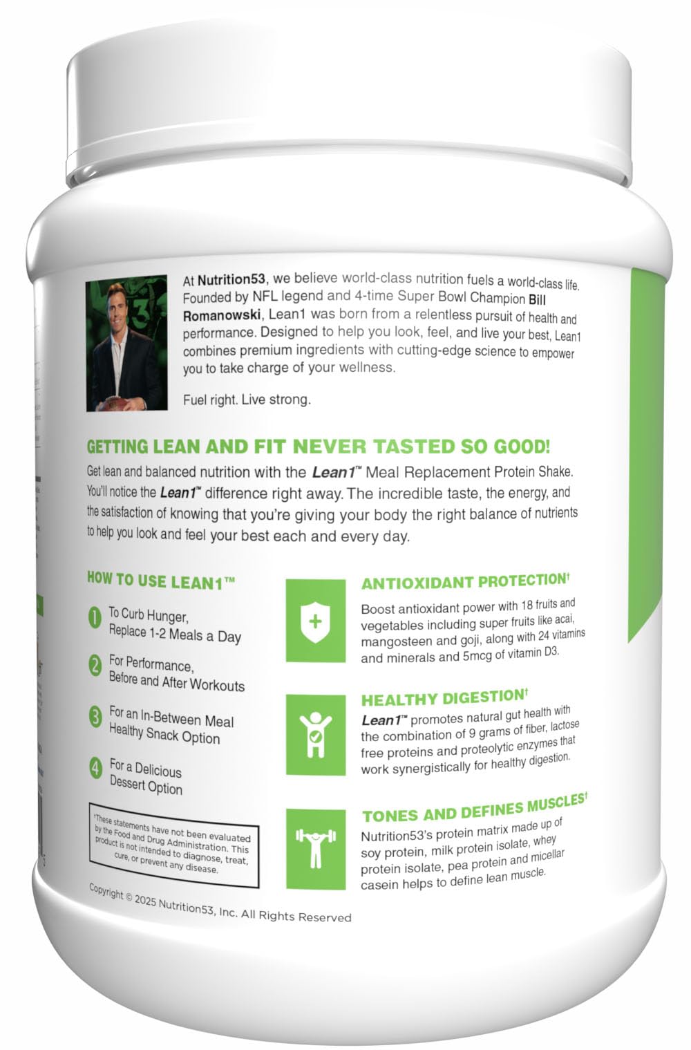 N53 Lean1 Birthday Cake protein-powder scoop indicating portion-controlled protein for workouts.