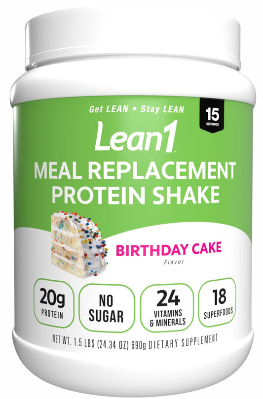 N53 Lean1 Birthday Cake tub showing convenient meal replacement option for active days.