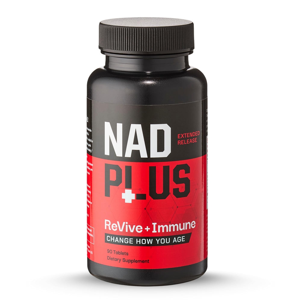 NAD Plus Revive+Immune bottle front showing daily energy support for busy days.