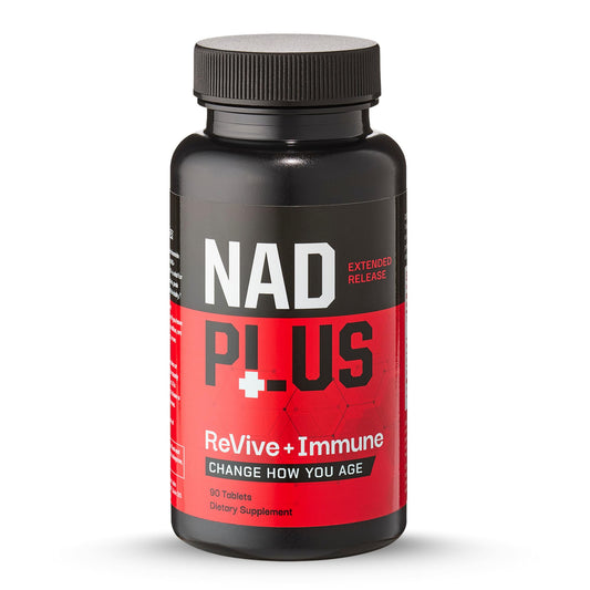 NAD Plus Revive+Immune bottle front showing daily energy support for busy days.