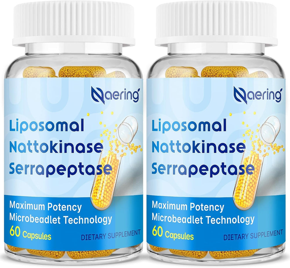 Naering liposomal nattokinase-serrapeptase bottle front with clear branding and design