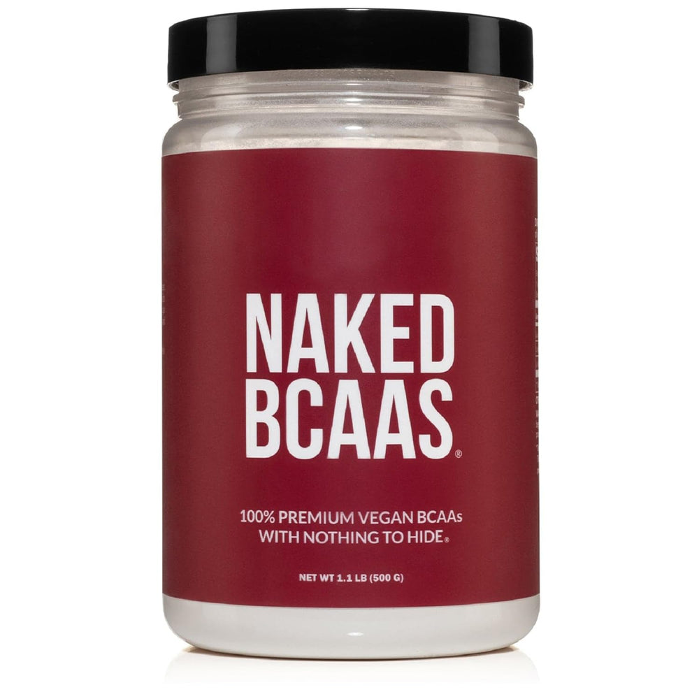 Naked BCAAs powder in a jar, vegan and unflavored for versatile mixing.