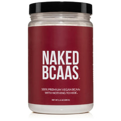 Naked BCAAs powder in a jar, vegan and unflavored for versatile mixing.