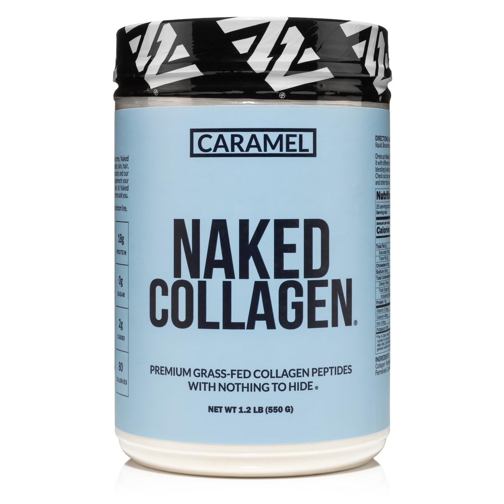 NAKED Caramel Collagen Peptides bottle highlighting pasture-raised sourcing for premium protein.