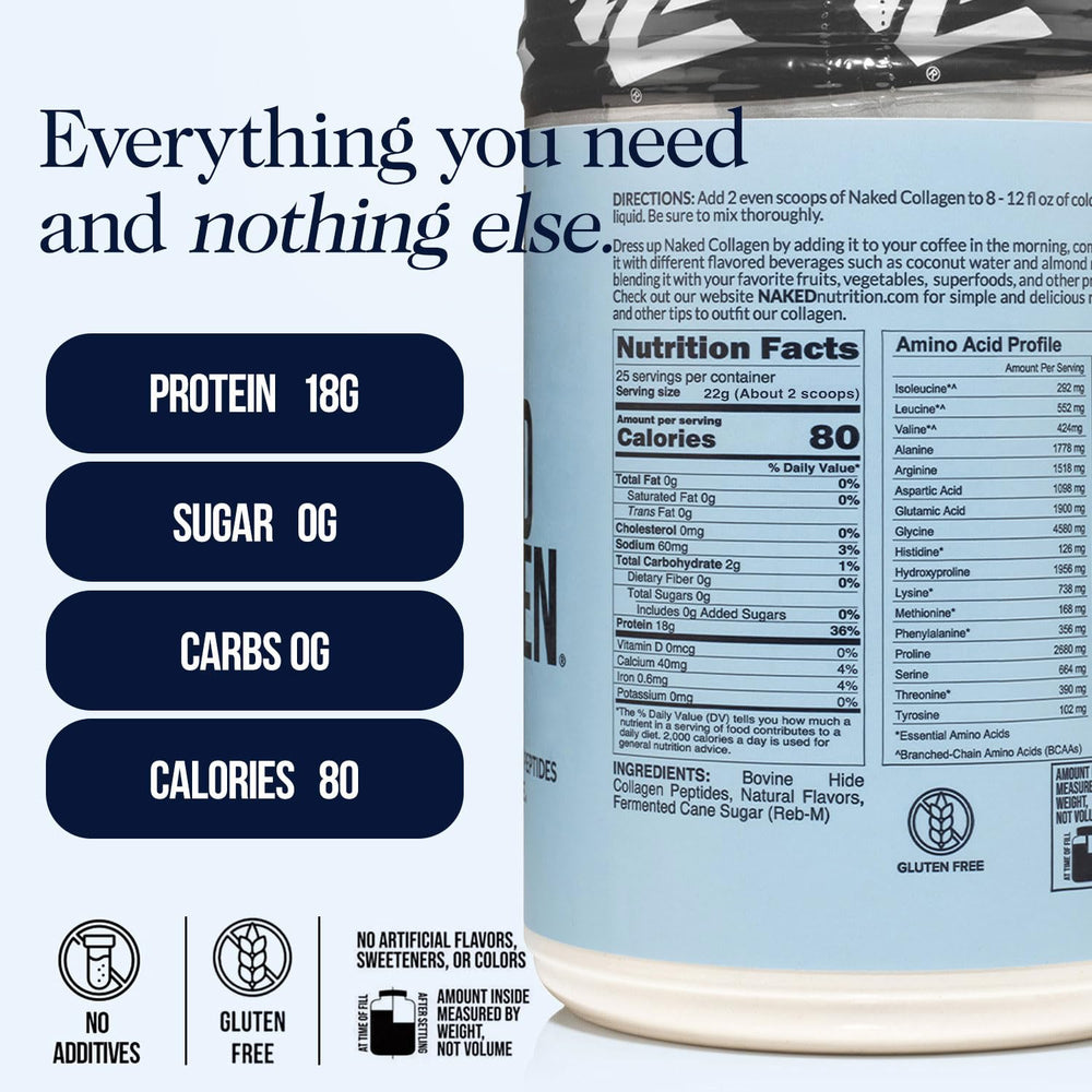 NAKED Caramel Collagen Peptides powder tub showing smooth blendability in recipes.