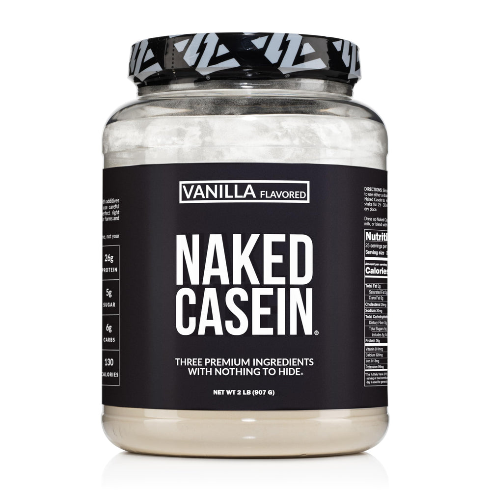 NAKED Casein Vanilla bottle pours to support slow-release protein overnight.