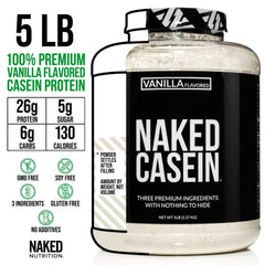 NAKED Casein Vanilla scoop beside the can for easy portioning
