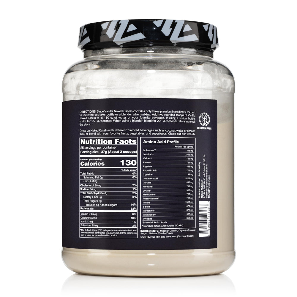NAKED Casein Vanilla shake glass shows creamy texture for recovery drinks.