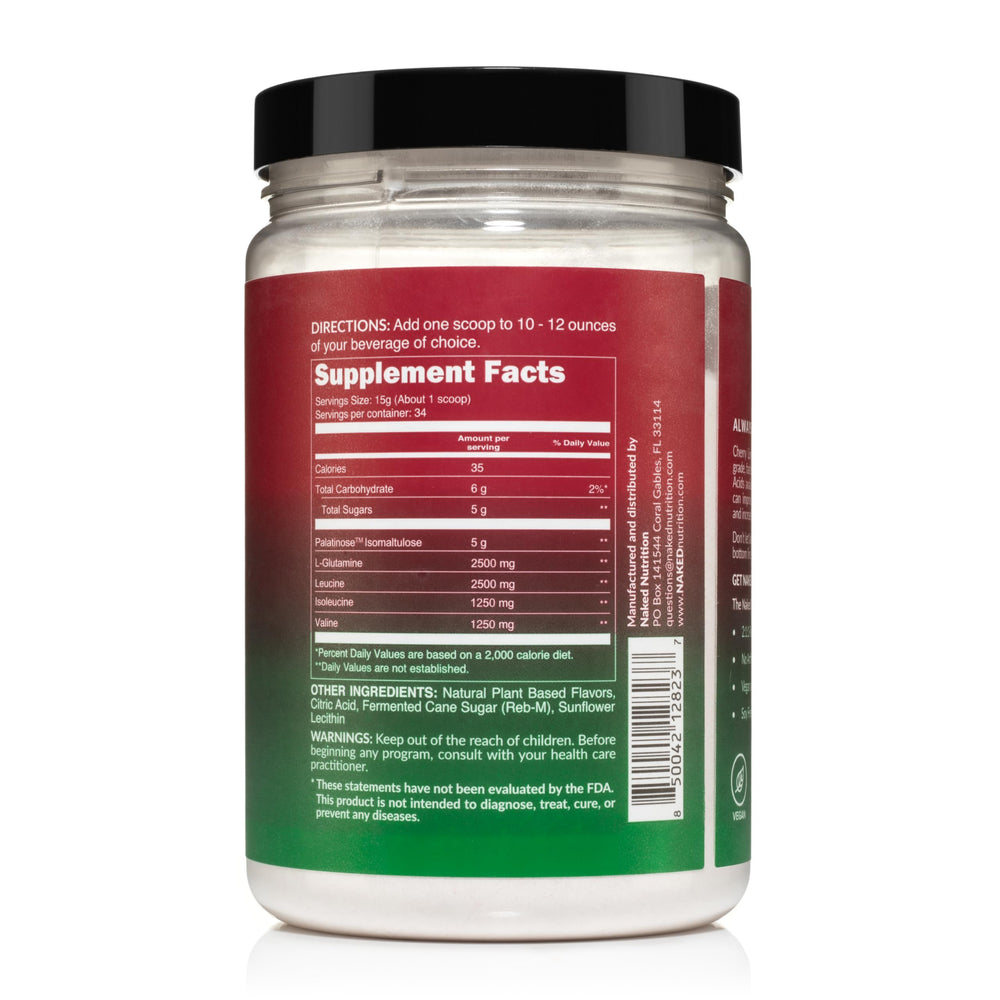 NAKED Cherry Lime BCAAs bottle label highlighting vegan, all-natural formula.