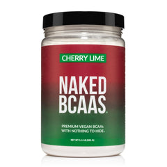 NAKED Cherry Lime BCAAs powder jar ready for pre- and post-workout fueling.