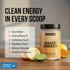NAKED Citrus Energy glass with prepared drink for a refreshing pre-workout boost.