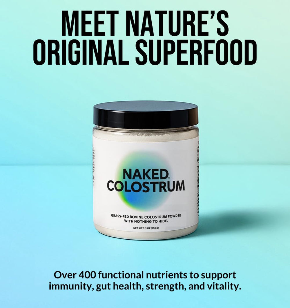 NAKED Colostrum Powder pour beside a glass for easy daily use and immune support.