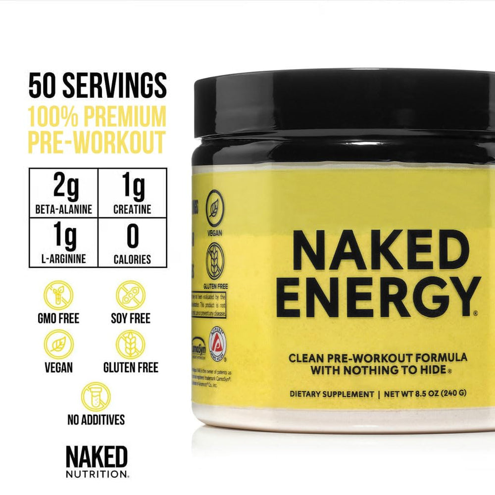 NAKED Energy powder dispensed into a glass demonstrating neutral mixability