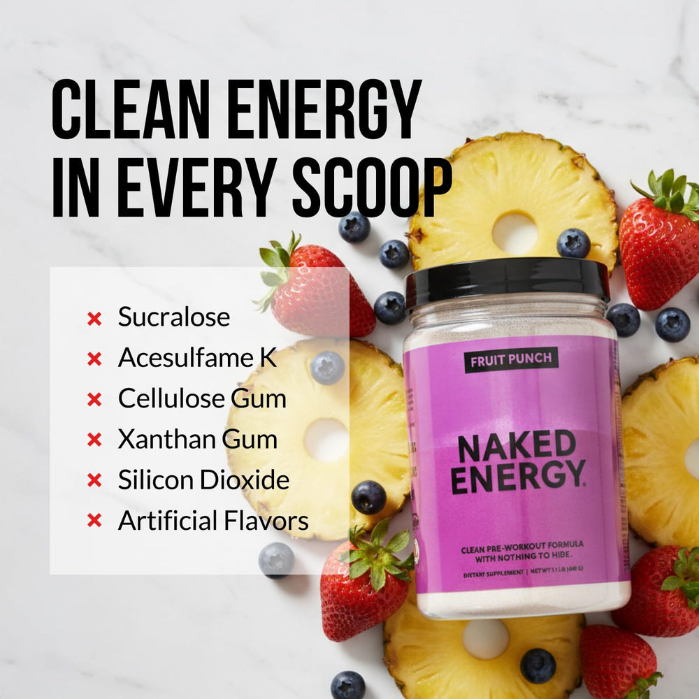 NAKED Fruit Punch Energy powder scoop ready to mix before training for a boost