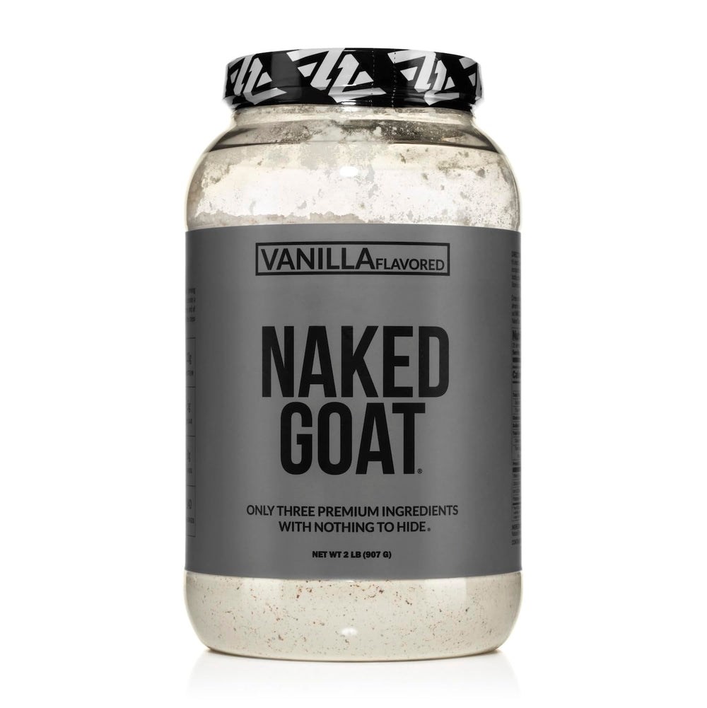 NAKED Goat Vanilla protein tub closeup shows clean ingredients for convenient everyday protein.