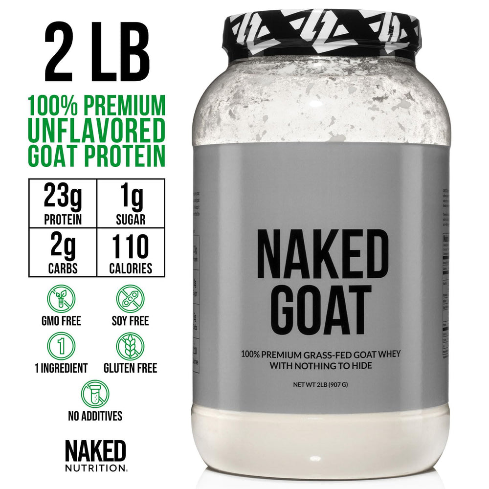 NAKED Goat whey protein label detail highlighting GMO-free and soy-free