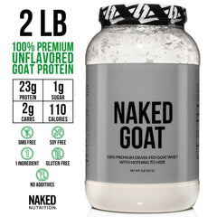 NAKED Goat whey protein label detail highlighting GMO-free and soy-free